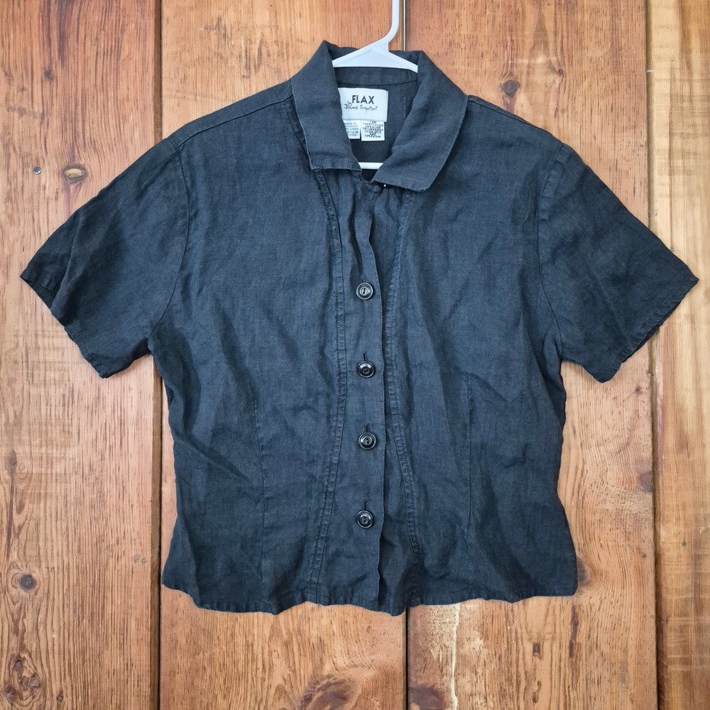 FLAX by Jeanne Engelhart Women Black 100% Linen Short Sleeve Button Up Shirt M